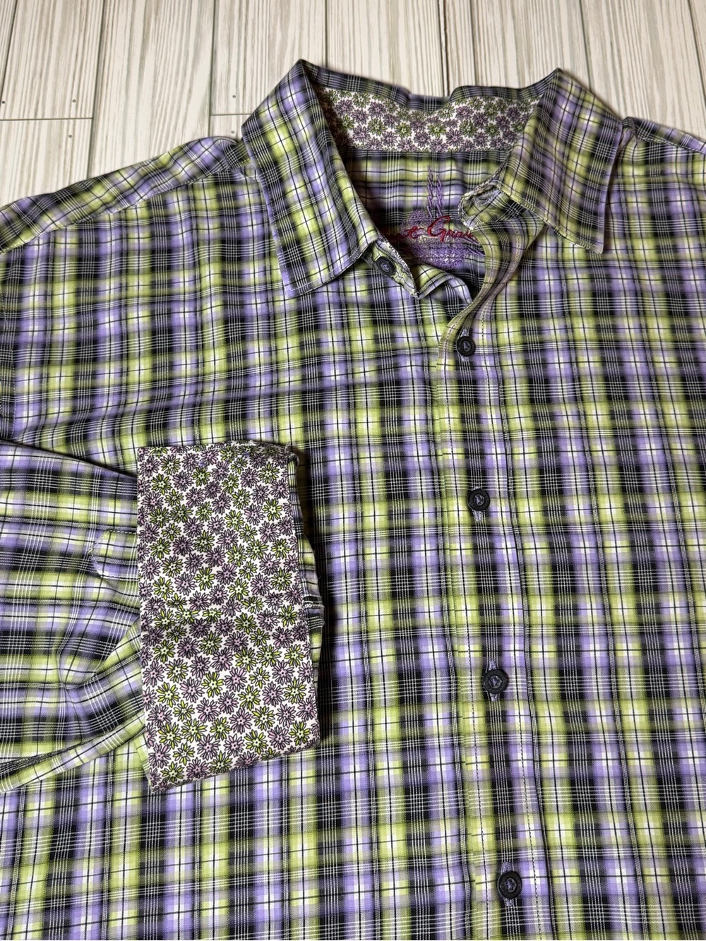Robert Graham Plaid Button Shirt XL Cotton Flip Cuff Floral Trim Purple